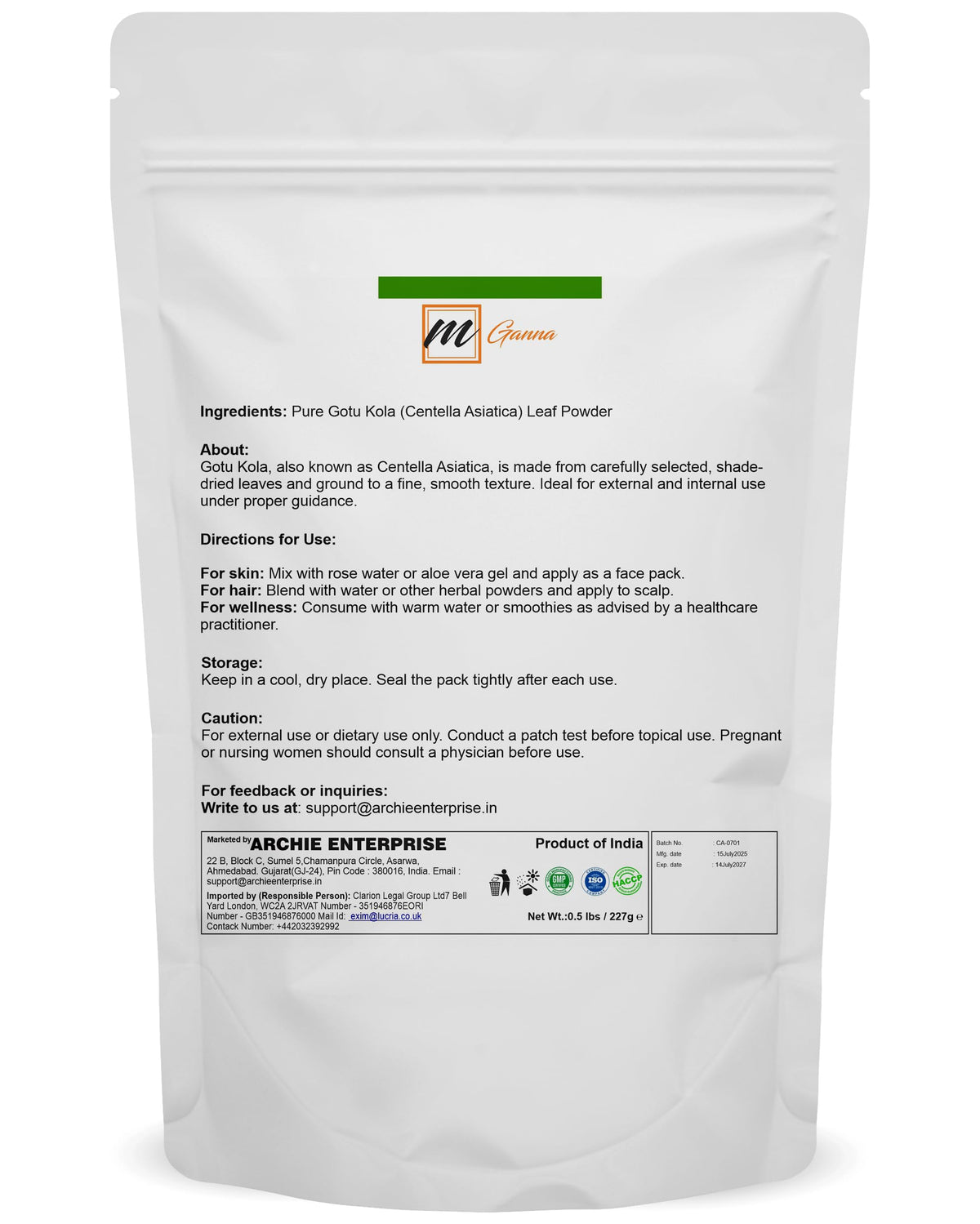 Emballage de la poudre de Gotu Kola mGanna 240g