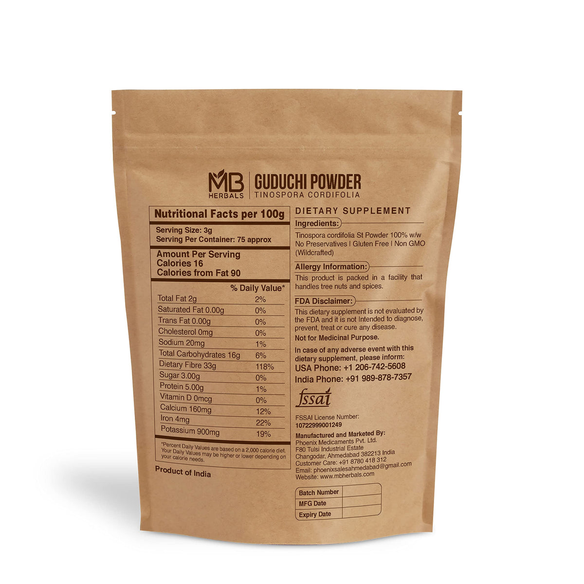 Emballage de la poudre de Guduchi MB Herbals, affichant le logo et les détails du produit