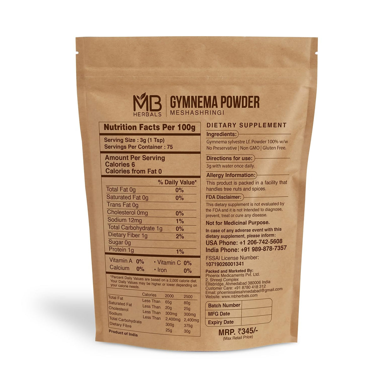 Emballage de la poudre de gymnema MB Herbals 240g