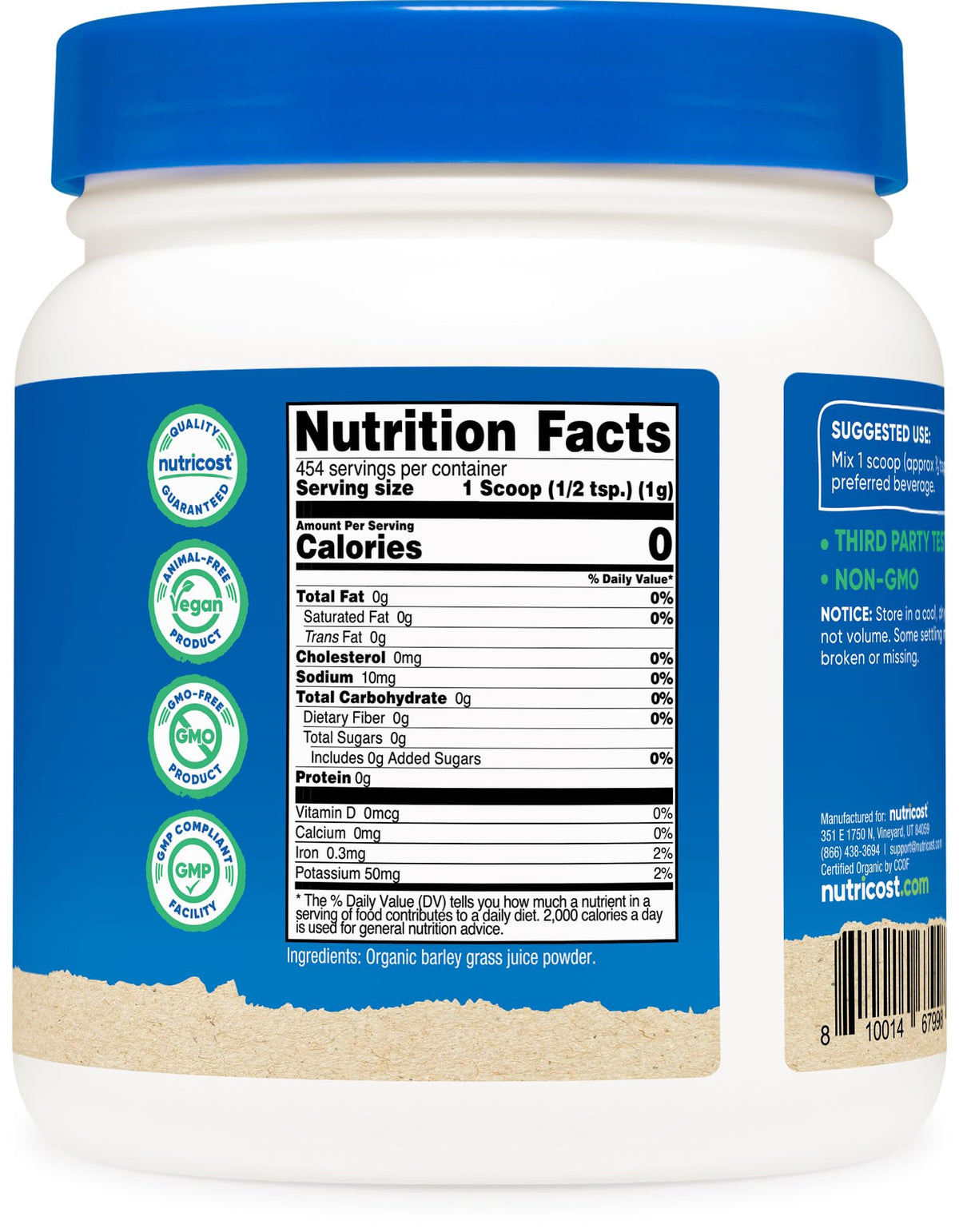 Emballage de la poudre de jus d'orge bio Nutricost 540g