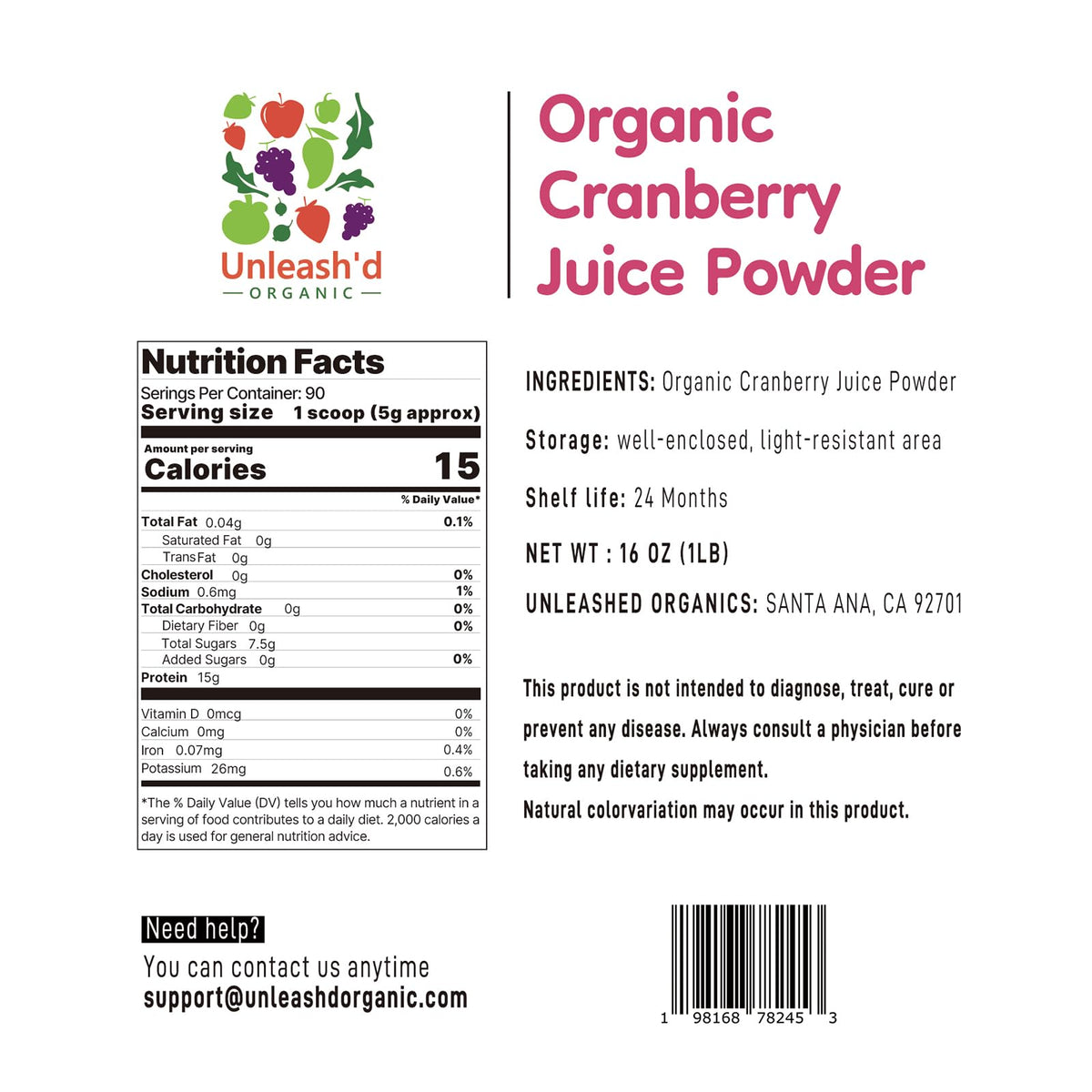 Emballage de la Poudre de Jus de Cranberry Bio 'D ORGANIC