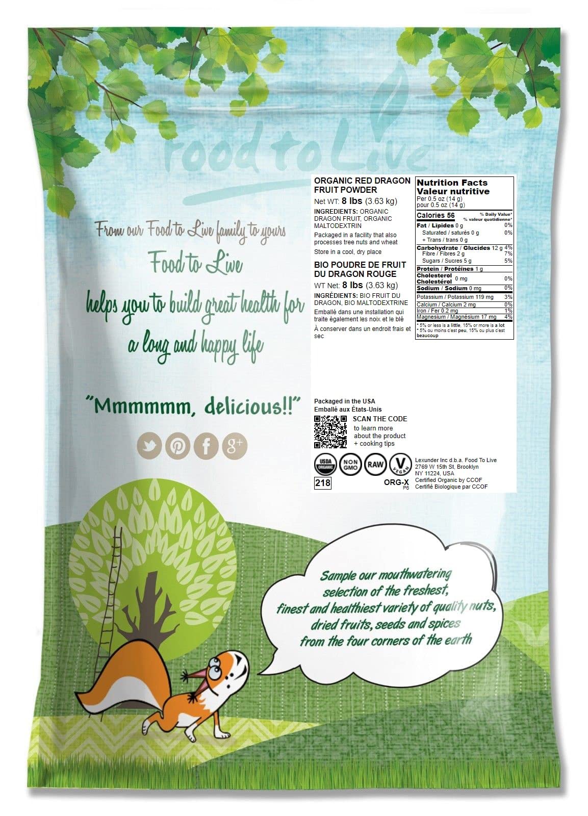Emballage de la poudre de jus de fruit du dragon bio Food to Live
