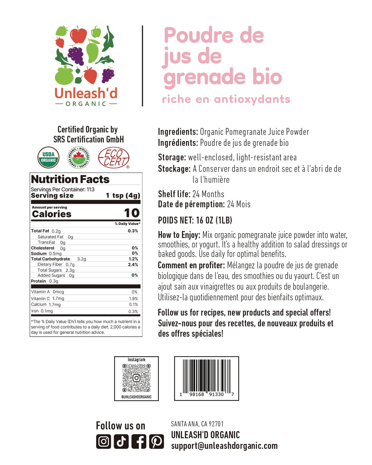 Emballage de la poudre de jus de grenade bio 'D ORGANIC