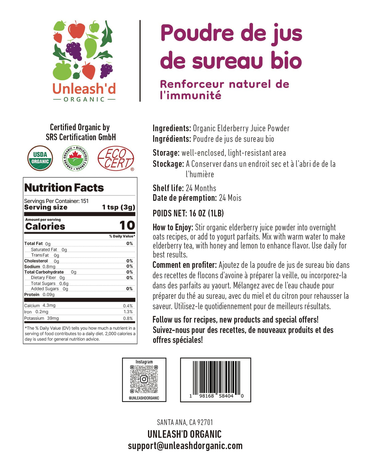 Emballage de la poudre de jus de sureau bio 'D ORGANIC