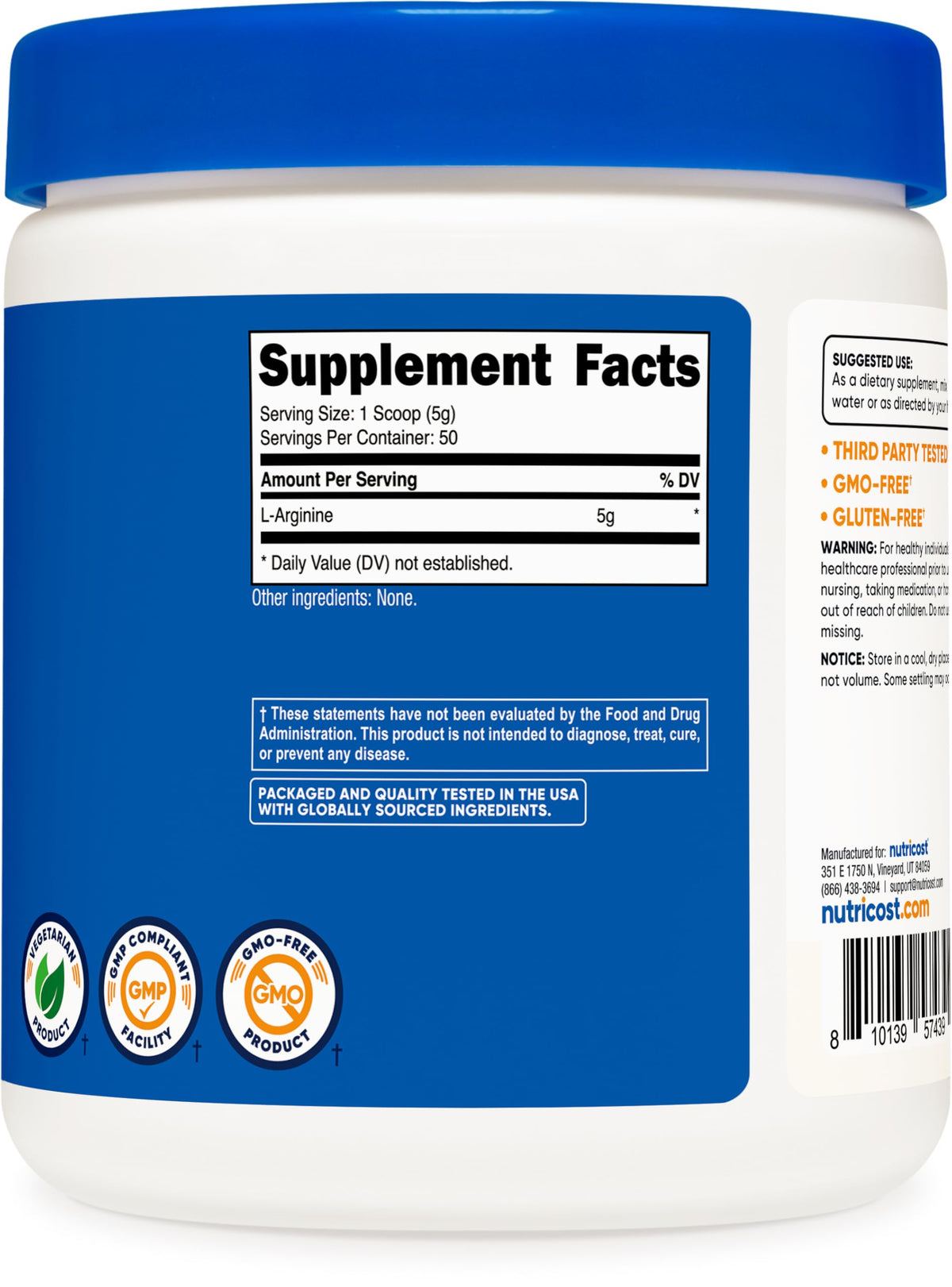 Emballage de la poudre de L-Arginine Nutricost sur fond blanc