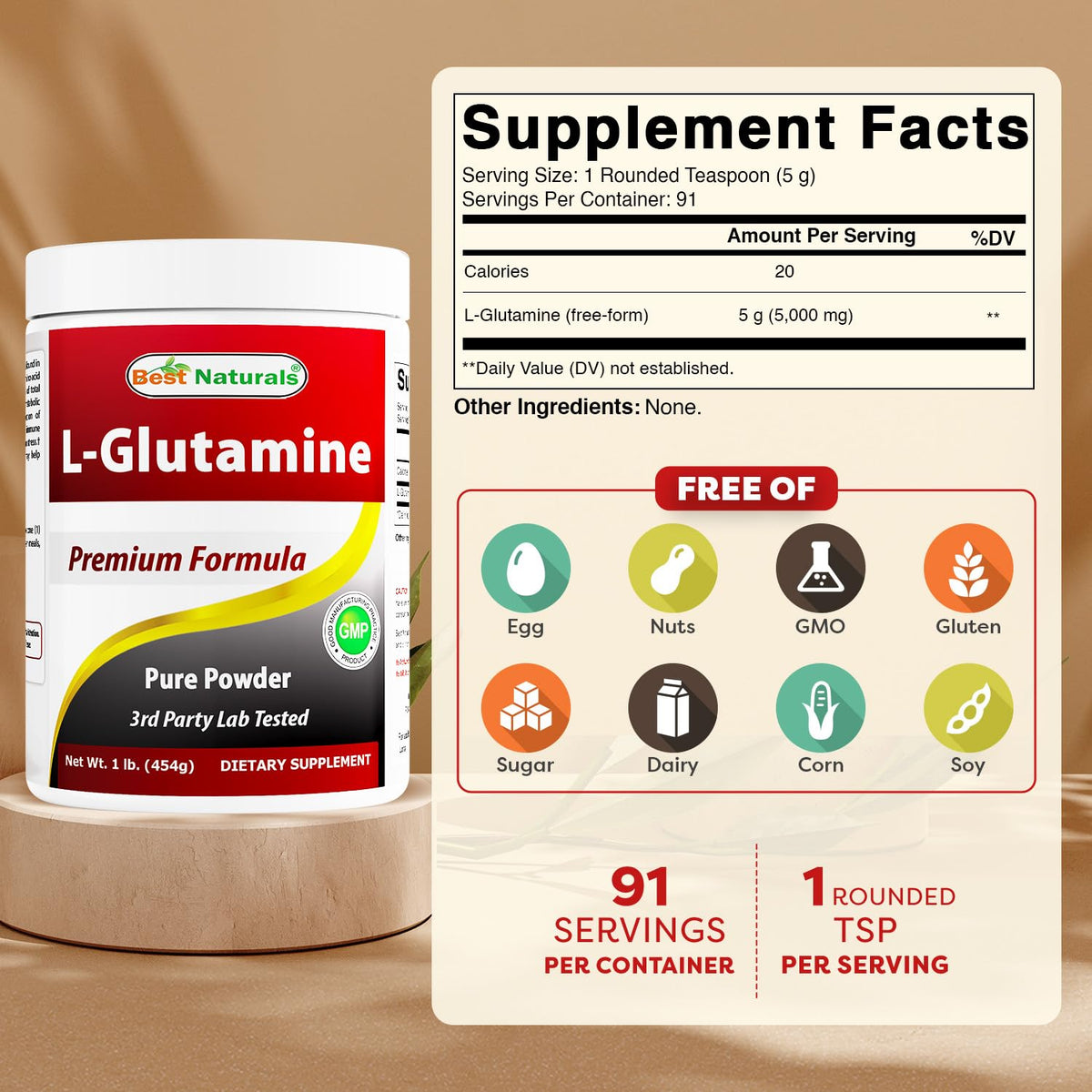 Emballage de la poudre de L-Glutamine Best Naturals