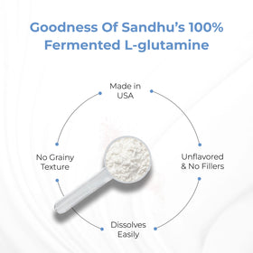 Emballage de la poudre de L-Glutamine Sandhu's sur une table