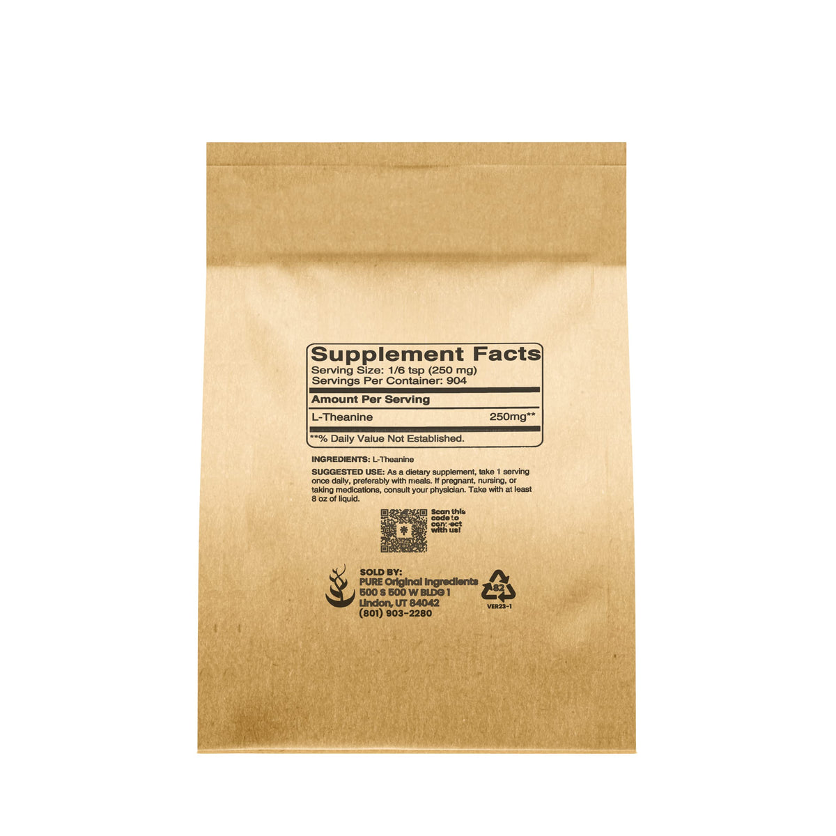 Emballage de la poudre de L-Theanine PURE ORIGINAL INGREDIENTS avec étiquette