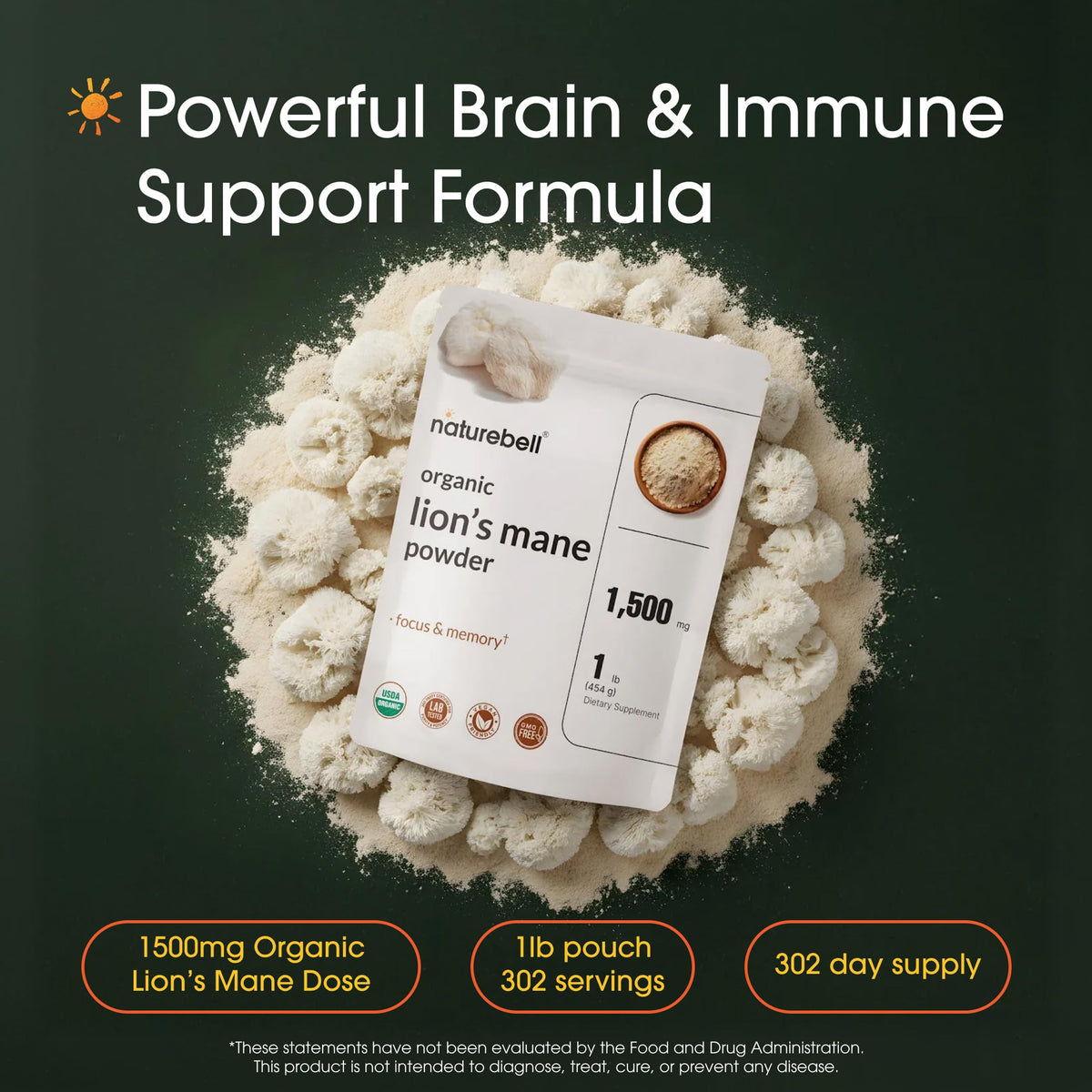 Emballage de la poudre de Lion's Mane NatureBell avec étiquettes