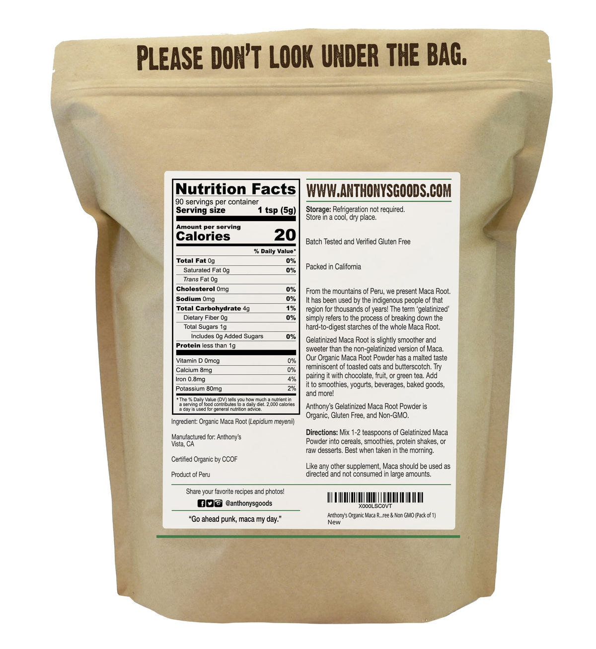 Emballage de la poudre de maca bio Anthony's