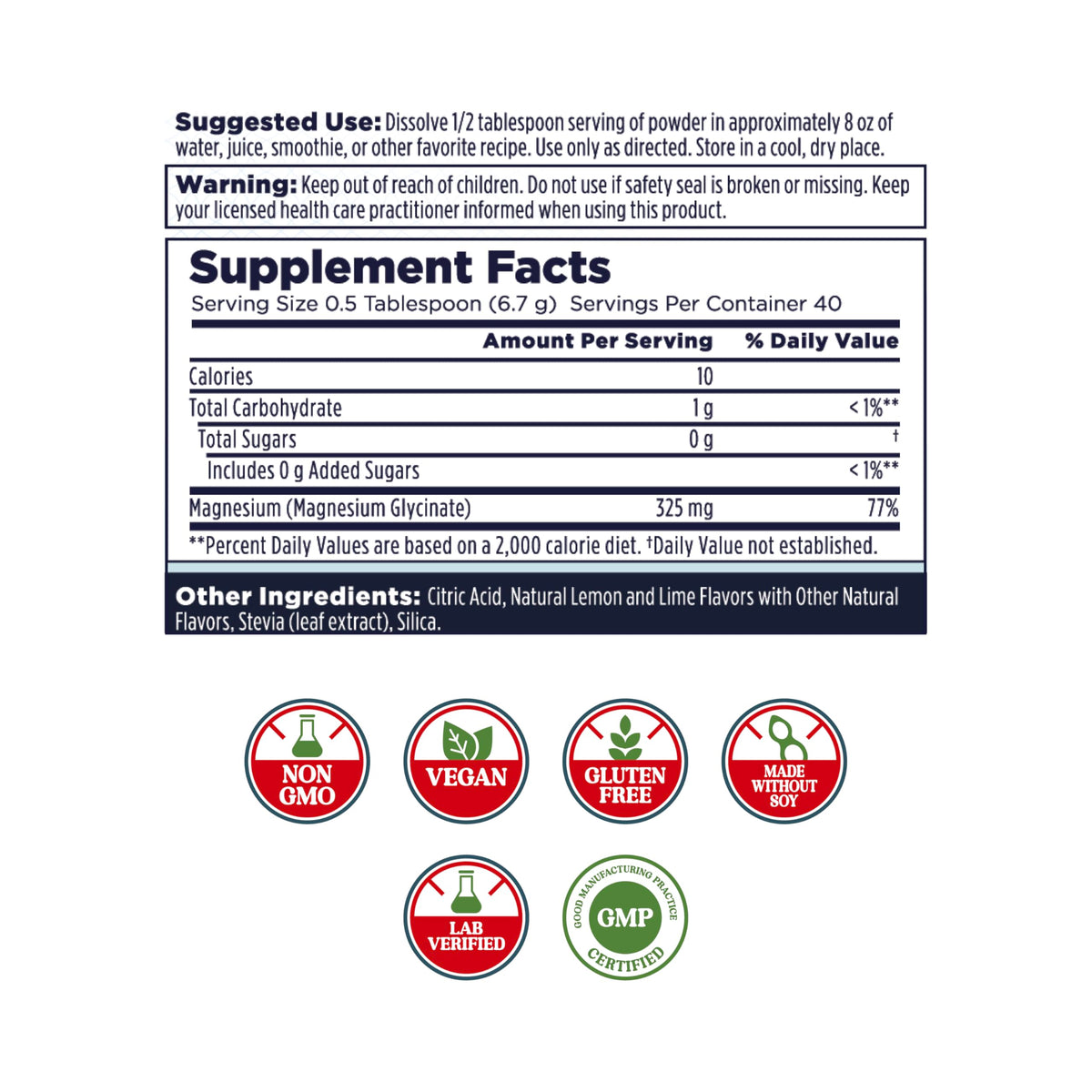 Emballage de la poudre de magnésium glycinate KAL 270 g