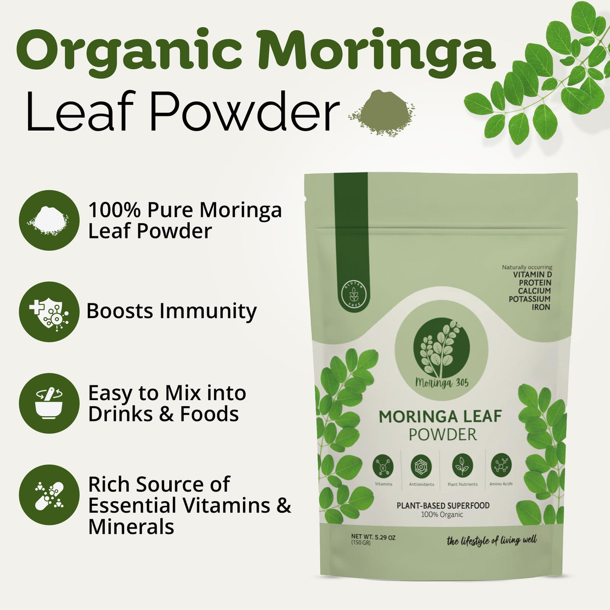 Emballage de la poudre de Moringa 305 de 150g