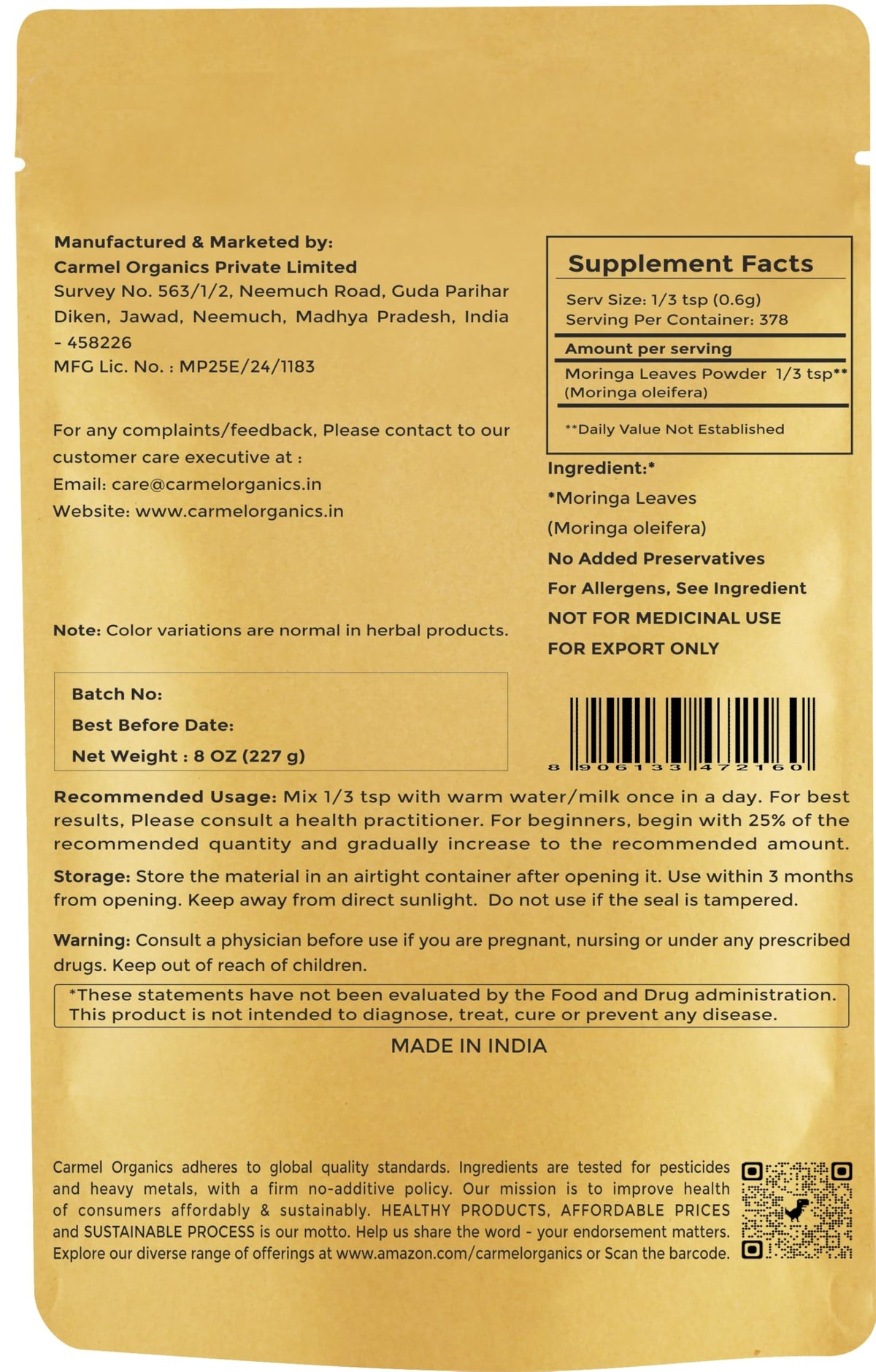 Emballage de la poudre de moringa CARMEL ORGANICS