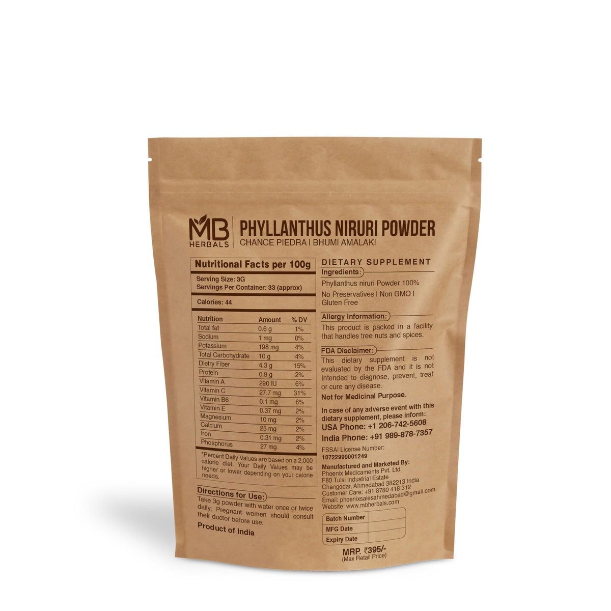 Emballage de la poudre de Phyllanthus Niruri MB Herbals 100g