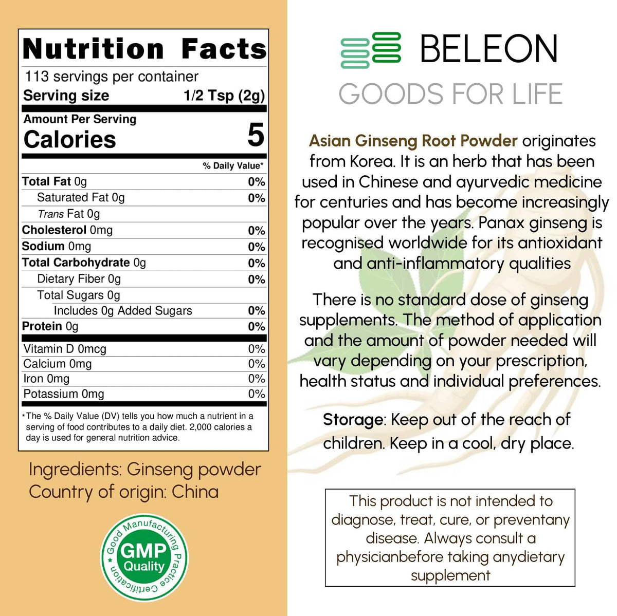 Emballage de la poudre de racine de ginseng Beleon Goods For Life
