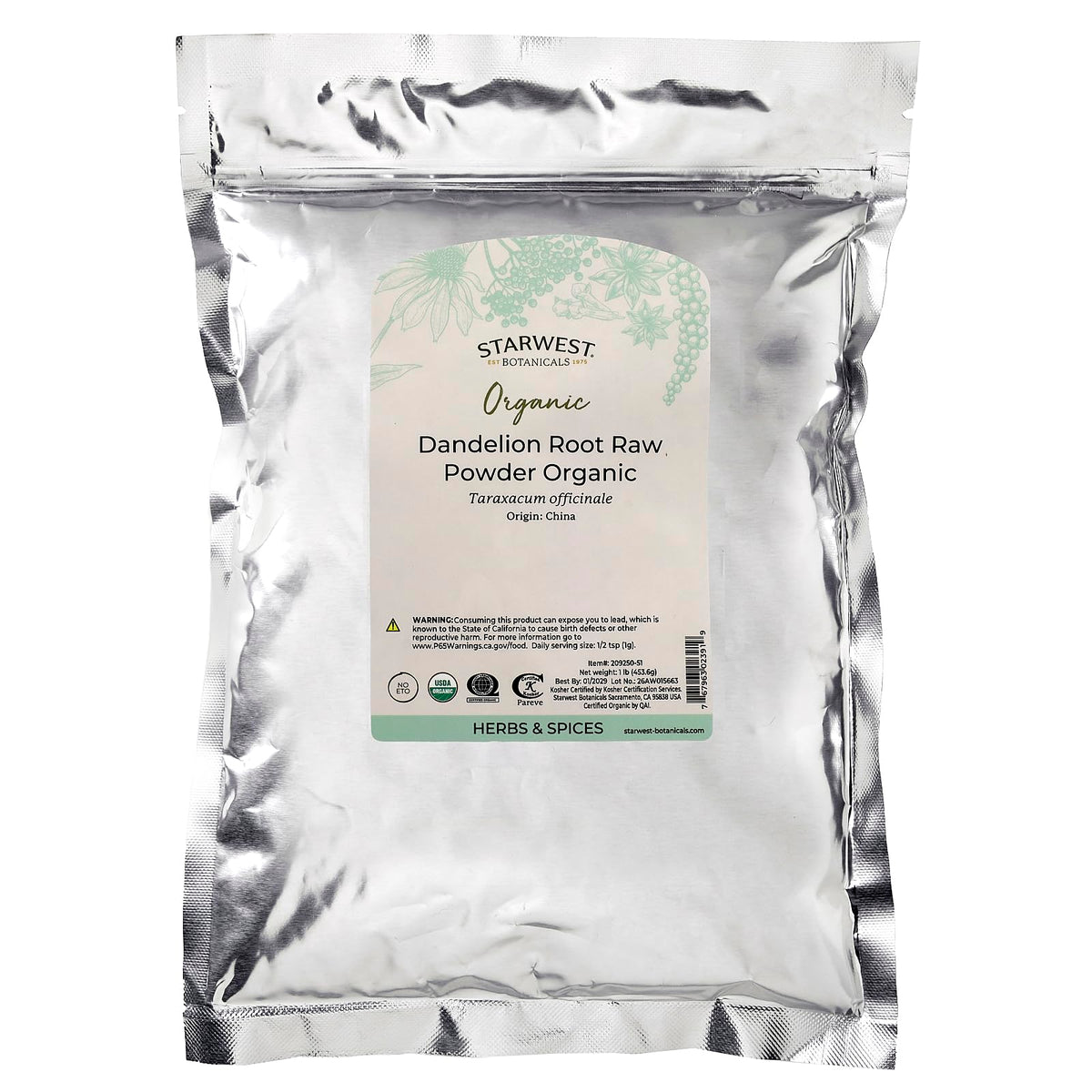 Emballage de la poudre de racine de pissenlit bio Starwest Botanicals