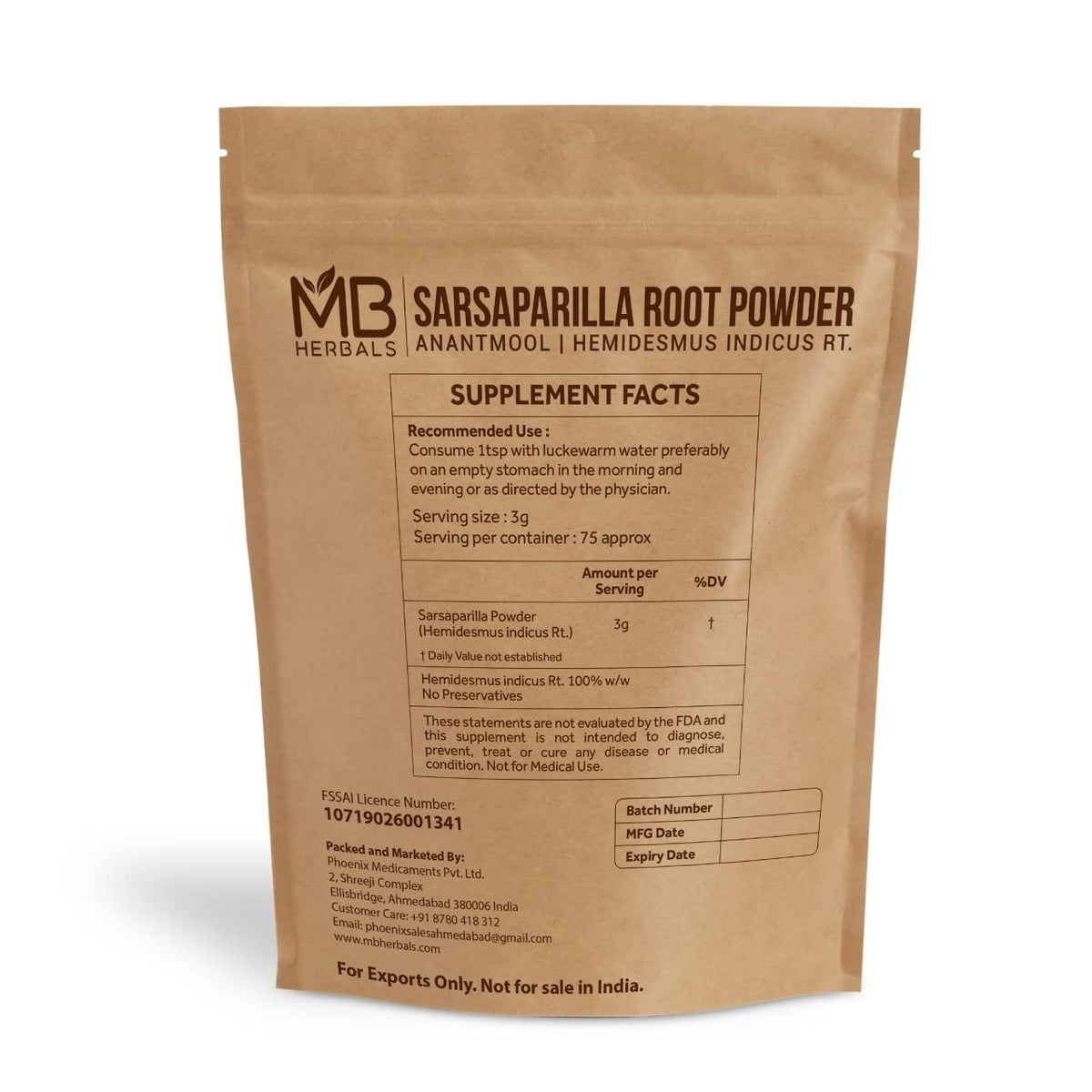 Emballage de la poudre de racine de sarsaparille MB Herbals 227g