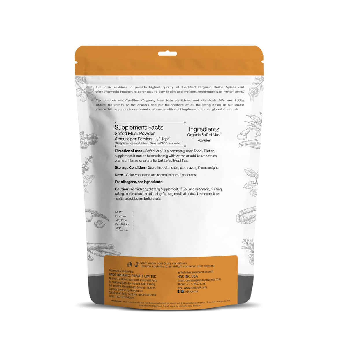 Emballage de la poudre de Safed Musli Bio Just Jaivik