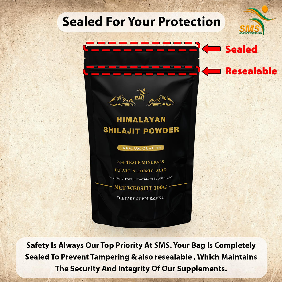 Emballage de la poudre de Shilajit Himalayen sur une surface en bois
