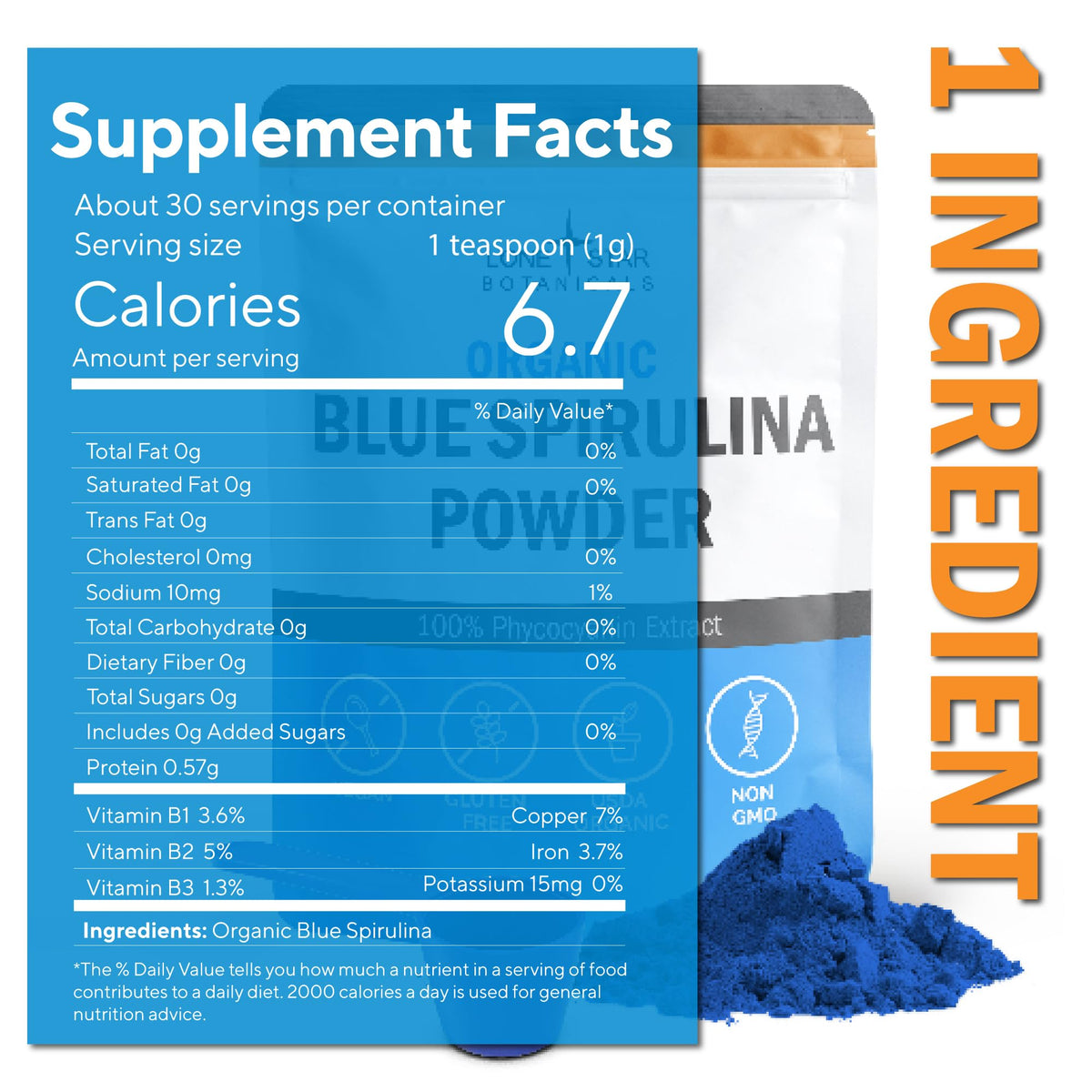 Emballage de la Poudre de Spiruline Bleue Bio, dimensions 22 × 16,9 × 3,4 cm