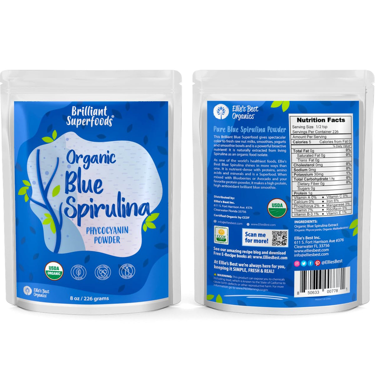 Emballage de la Poudre de Spiruline Bleue Bio Ellie's Best