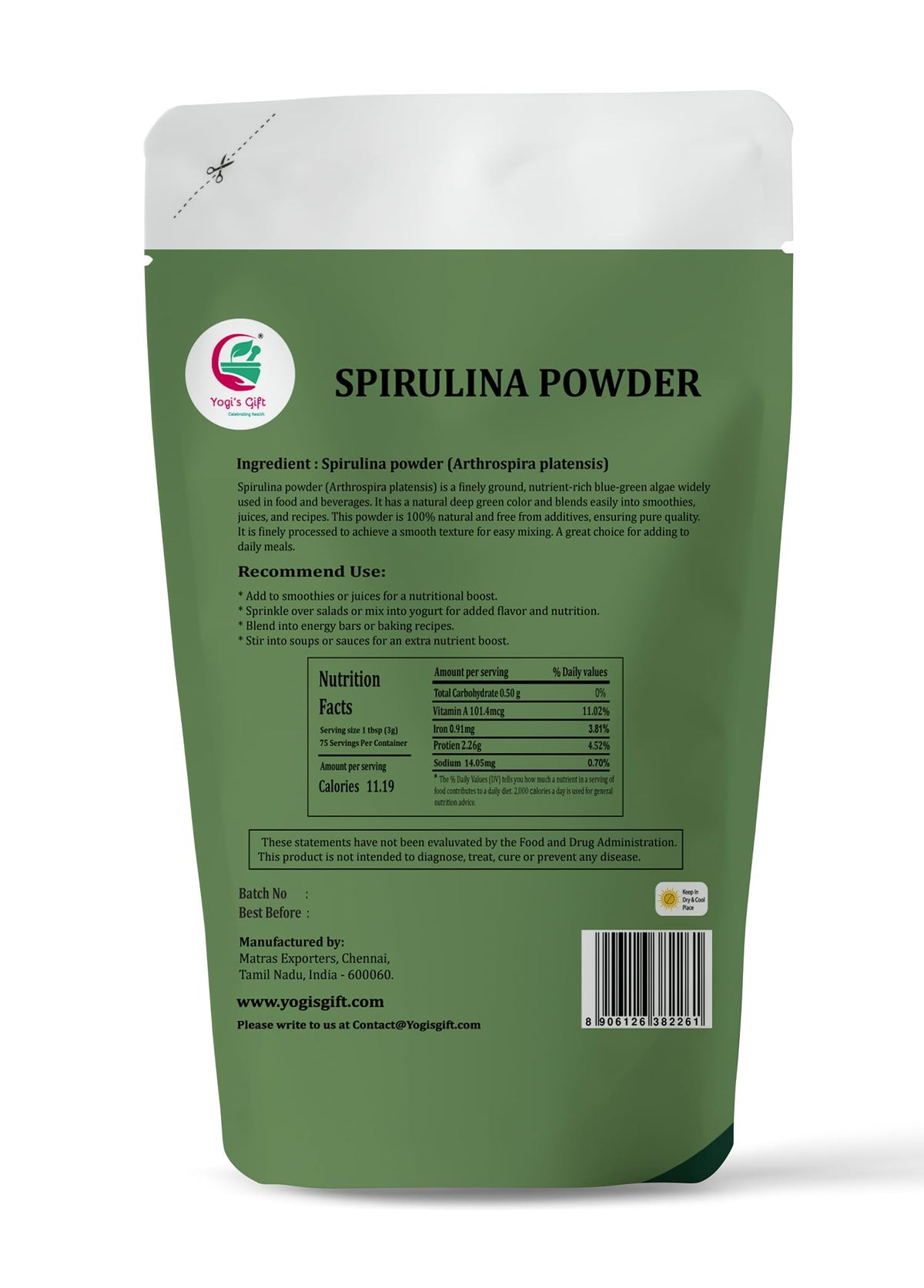 Emballage de la poudre de spiruline YOGI’S GIFT