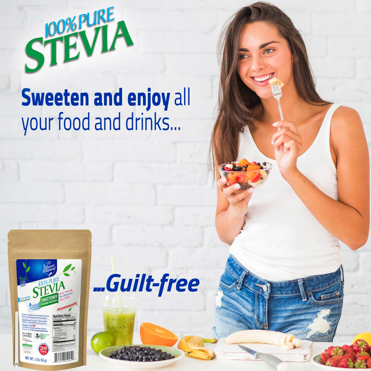 Emballage de la poudre de Stevia BSL BSWEETBNATURAL montrant ses bénéfices