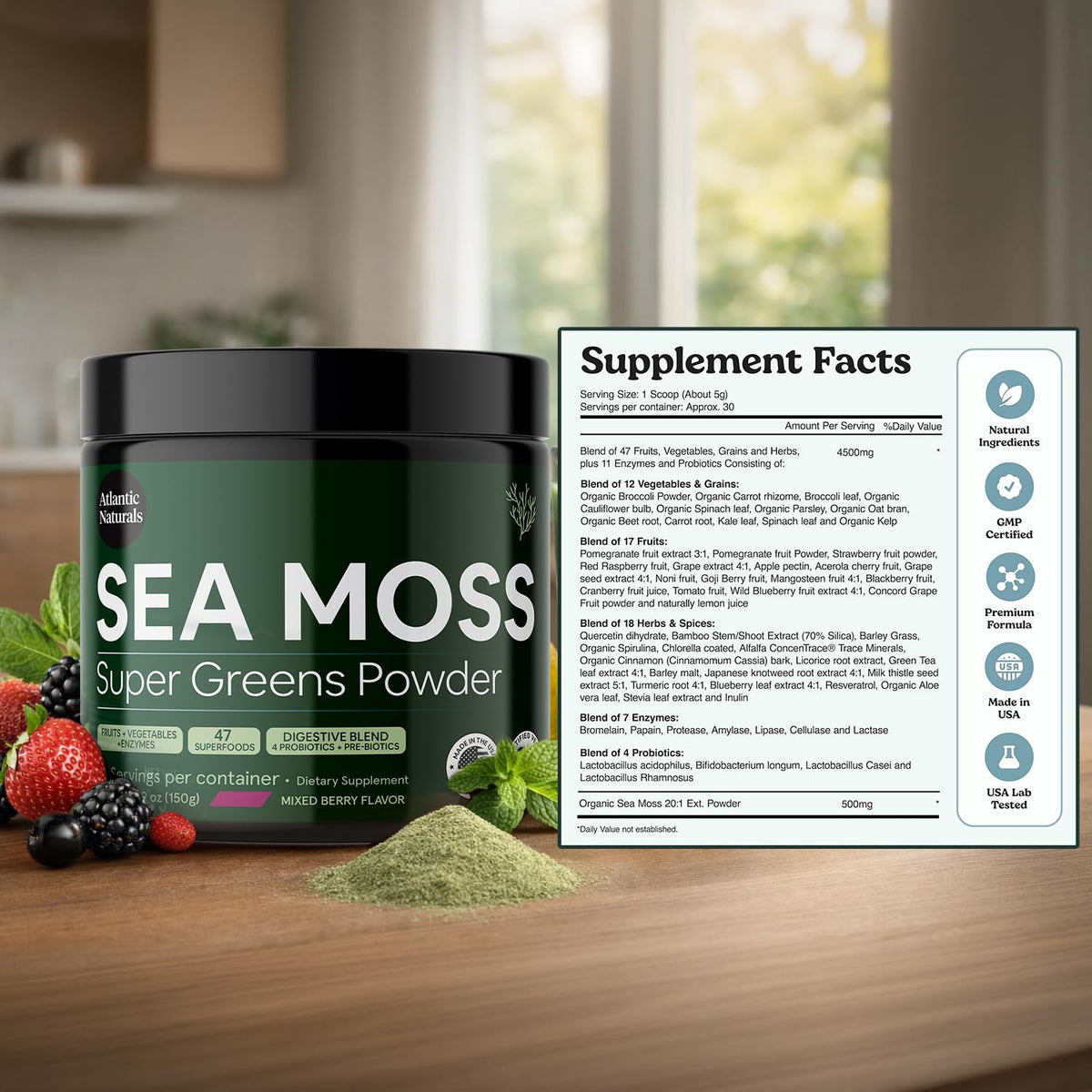 Emballage de la poudre de super greens Atlantic Naturals, vue de face