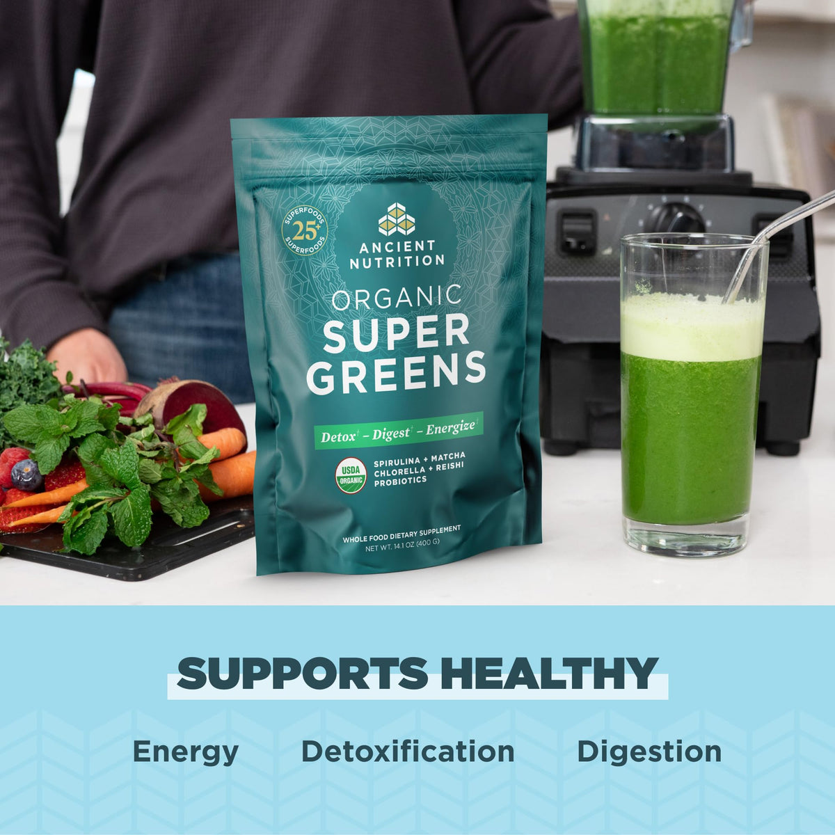 Emballage de la poudre de Super Greens Bio Ancient Nutrition