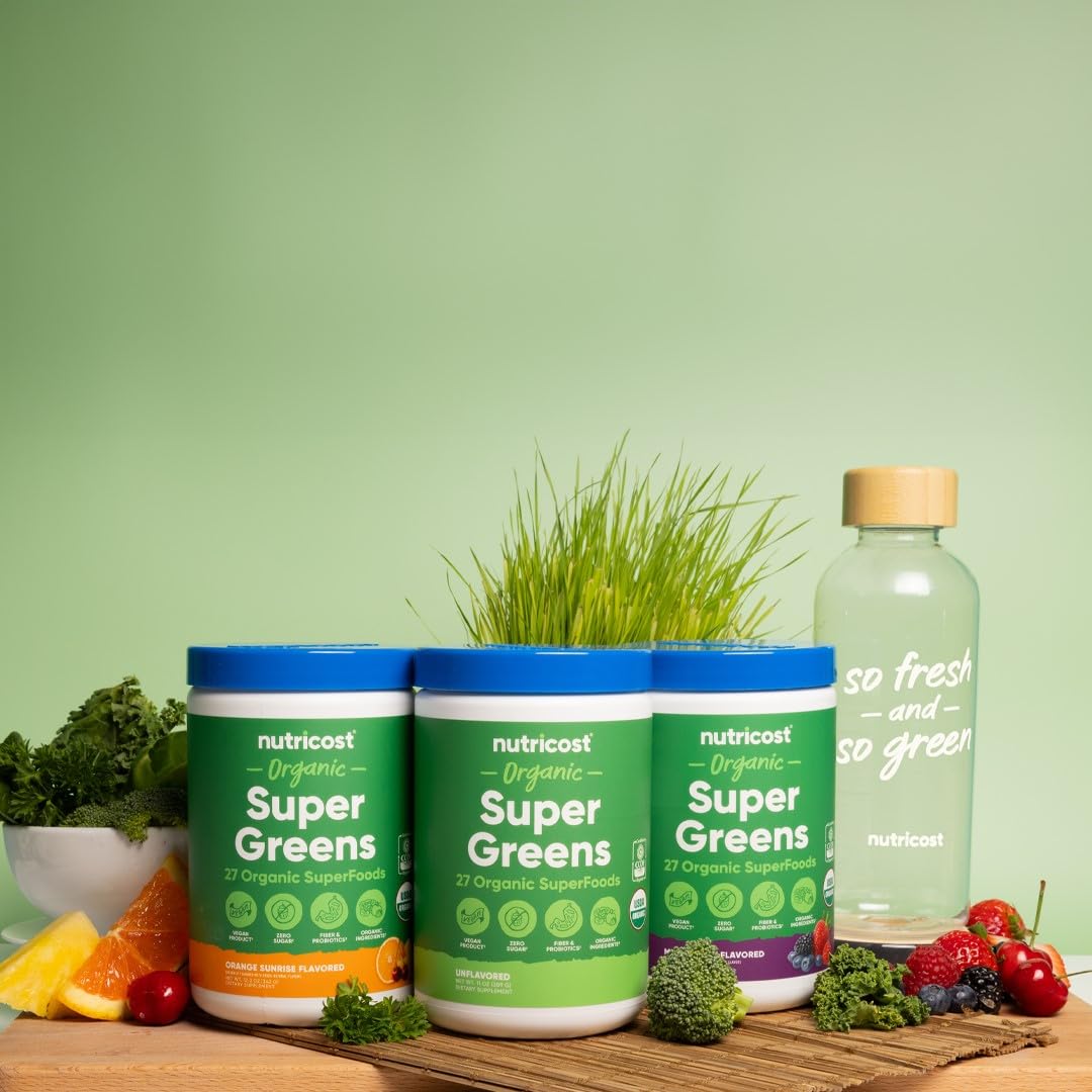 Emballage de la poudre de super greens bio Nutricost avec informations nutritionnelles