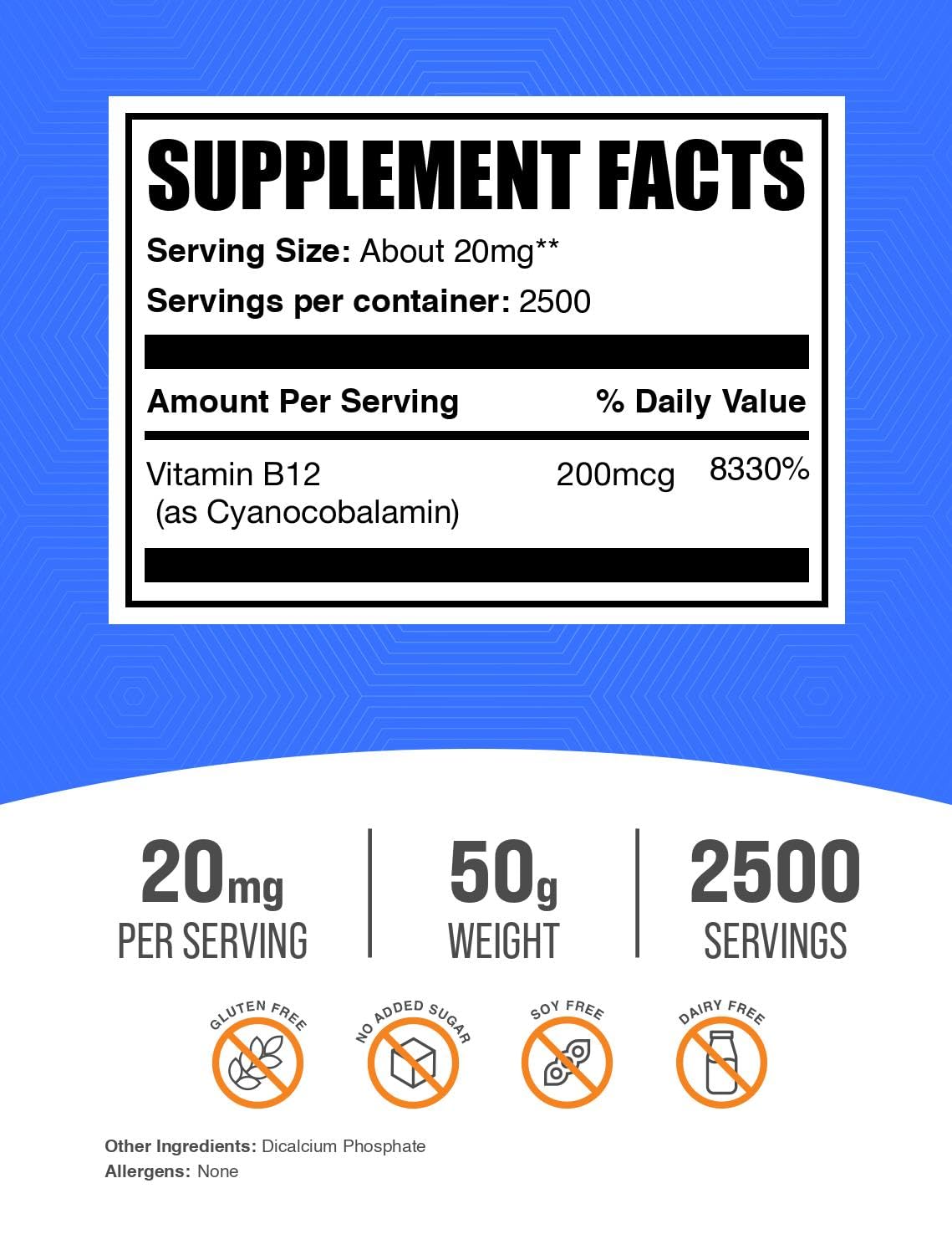 Emballage de la poudre de vitamine B12 BulkSupplements 50g