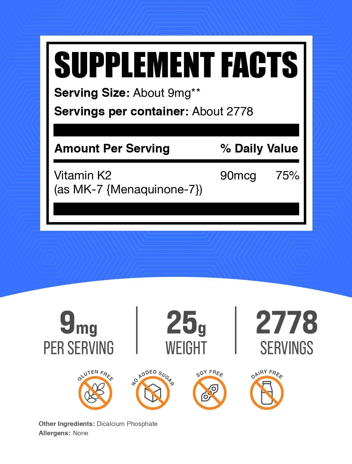 Emballage de la Poudre de Vitamine K2 MK-7 BulkSupplements