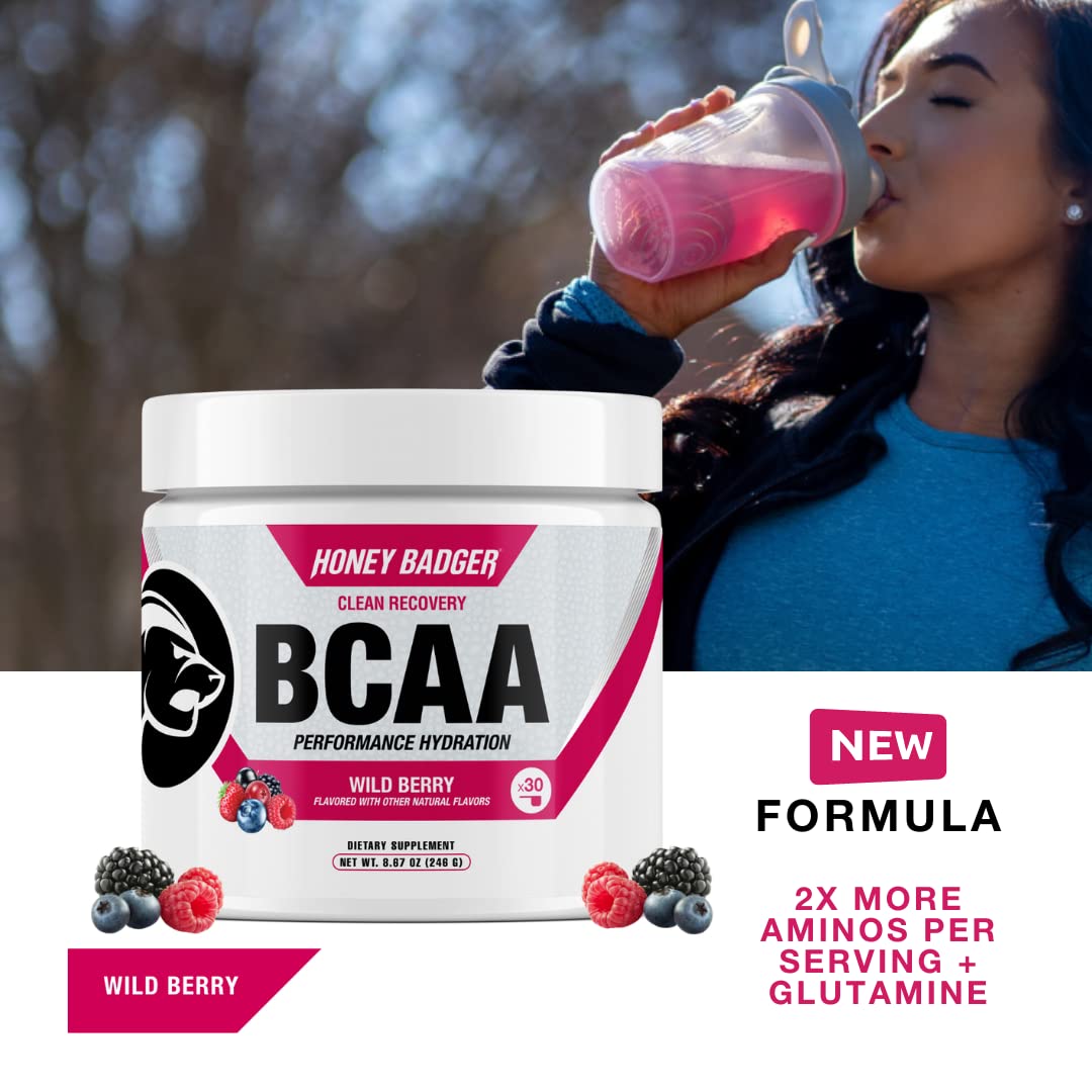 Emballage de la poudre Honey Badger BCAA + EAA avec détails nutritionnels