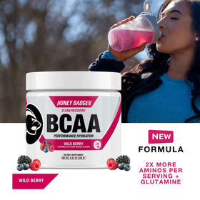 Emballage de la poudre Honey Badger BCAA + EAA avec détails nutritionnels