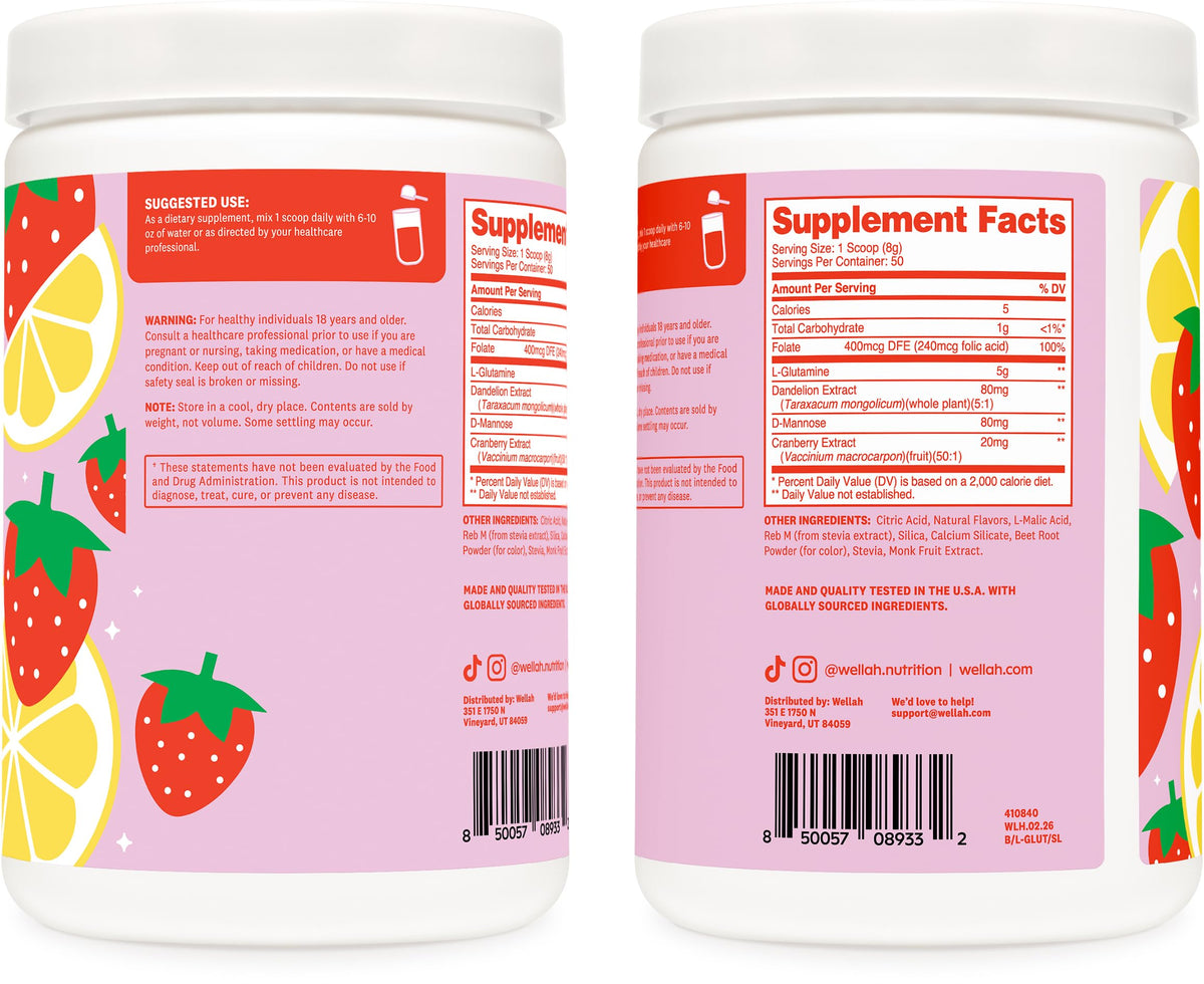 Emballage de la poudre L-Glutamine Wellah vue de côté