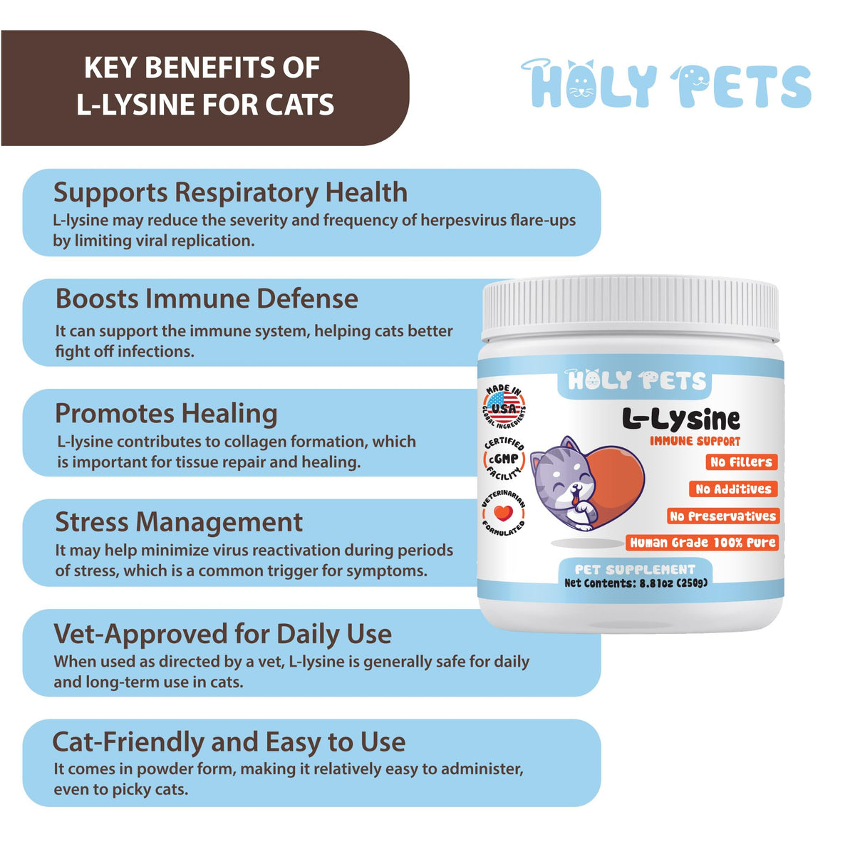 Emballage de la poudre L-Lysine Holy Pets, dimensions et informations