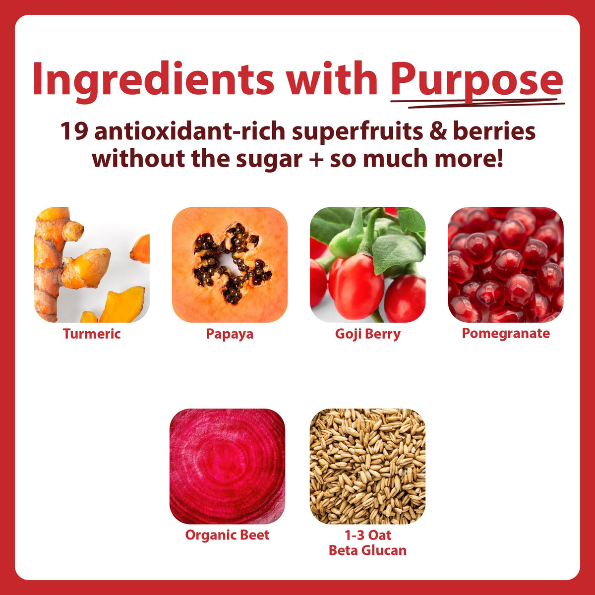 Emballage de la poudre Miracle Reds, avec des fruits en arrière-plan