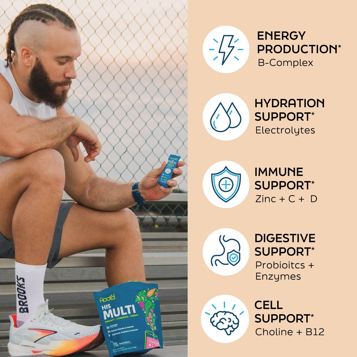 Emballage de la poudre multivitaminée Root'd avec étiquette visible