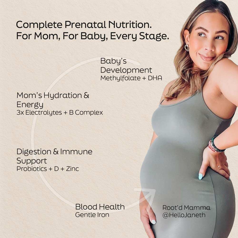 Emballage de la poudre multivitamines Root'd avec informations nutritionnelles