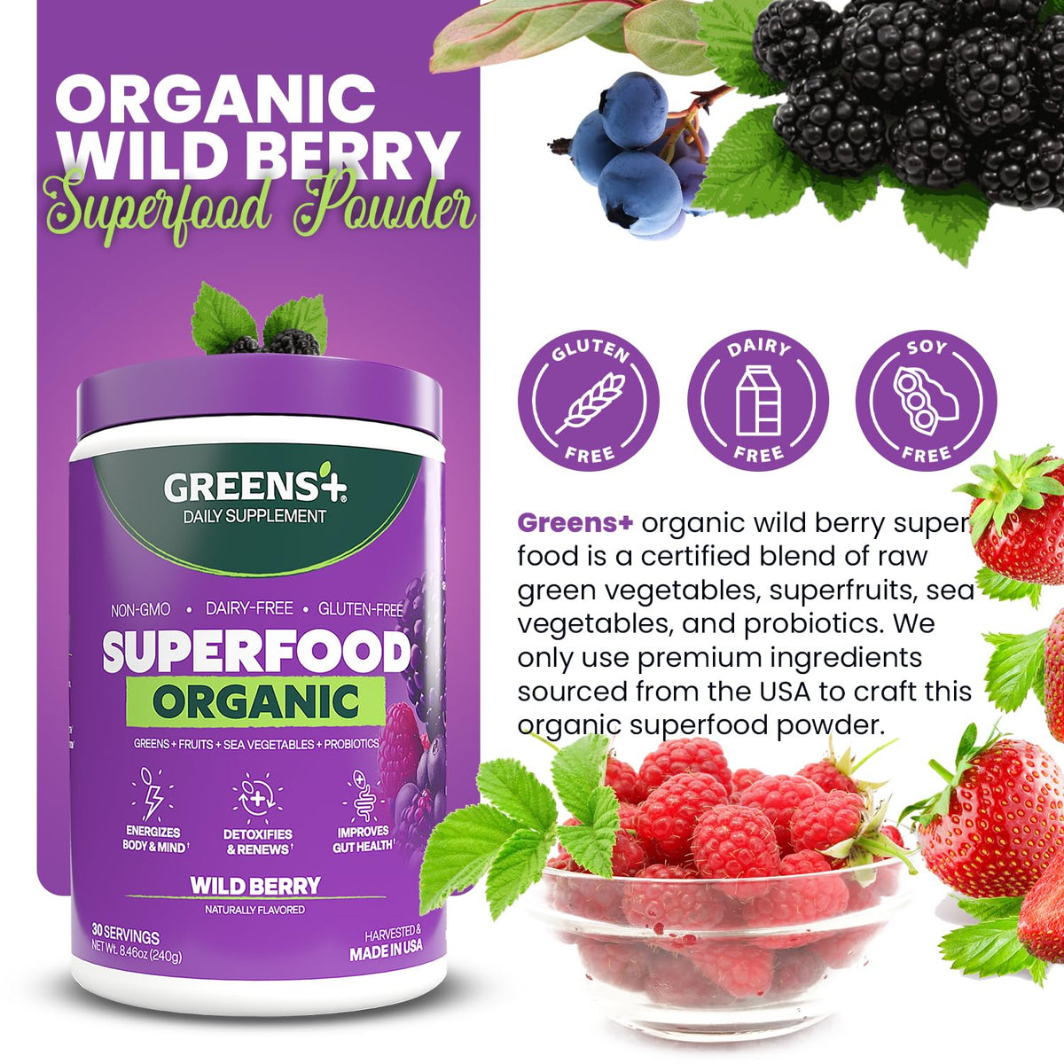 Emballage de la poudre superaliment Greens+ avec informations nutritionnelles