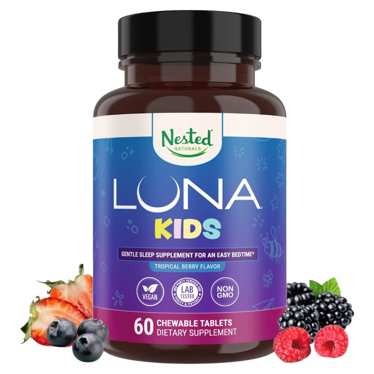 Emballage de Luna Kids de Nested Naturals avec 60 comprimés à croquer