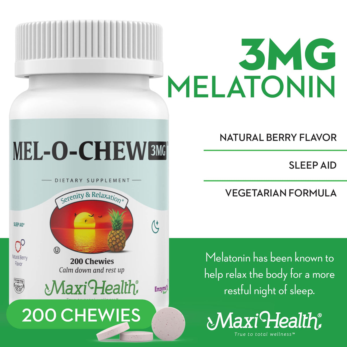 Emballage de Maxi Health Mel-O-Chew 3mg Mélatonine 200 comprimés