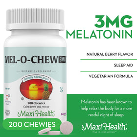 Emballage de Maxi Health Mel-O-Chew 3mg Mélatonine 200 comprimés