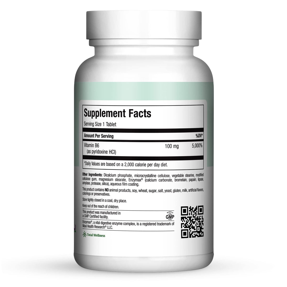 Emballage de Maxi Health Vitamine B6 100mg avec informations nutritionnelles