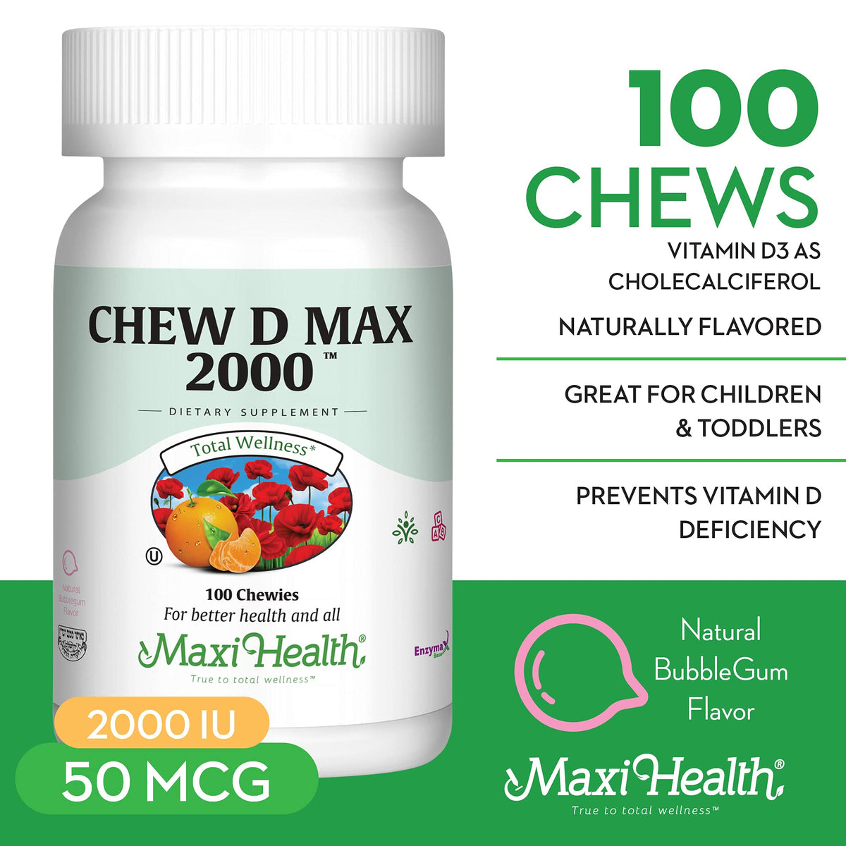 Emballage de Maxi Health Vitamine D3 2000 UI avec dimensions