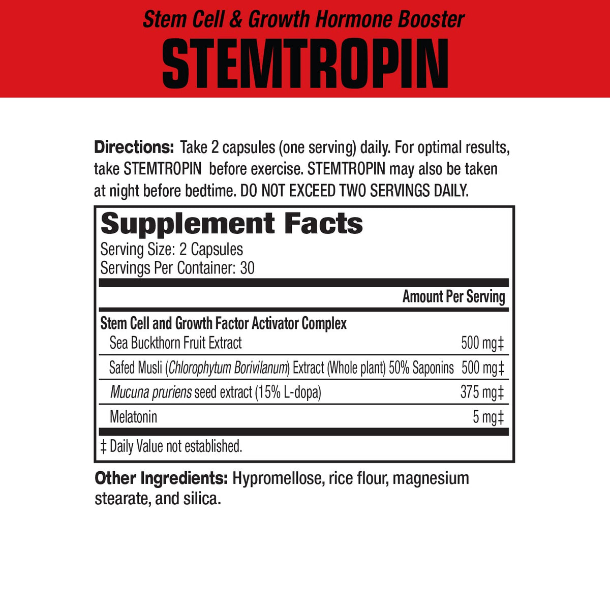 Emballage de MuscleMeds STEMTROPIN avec étiquettes claires
