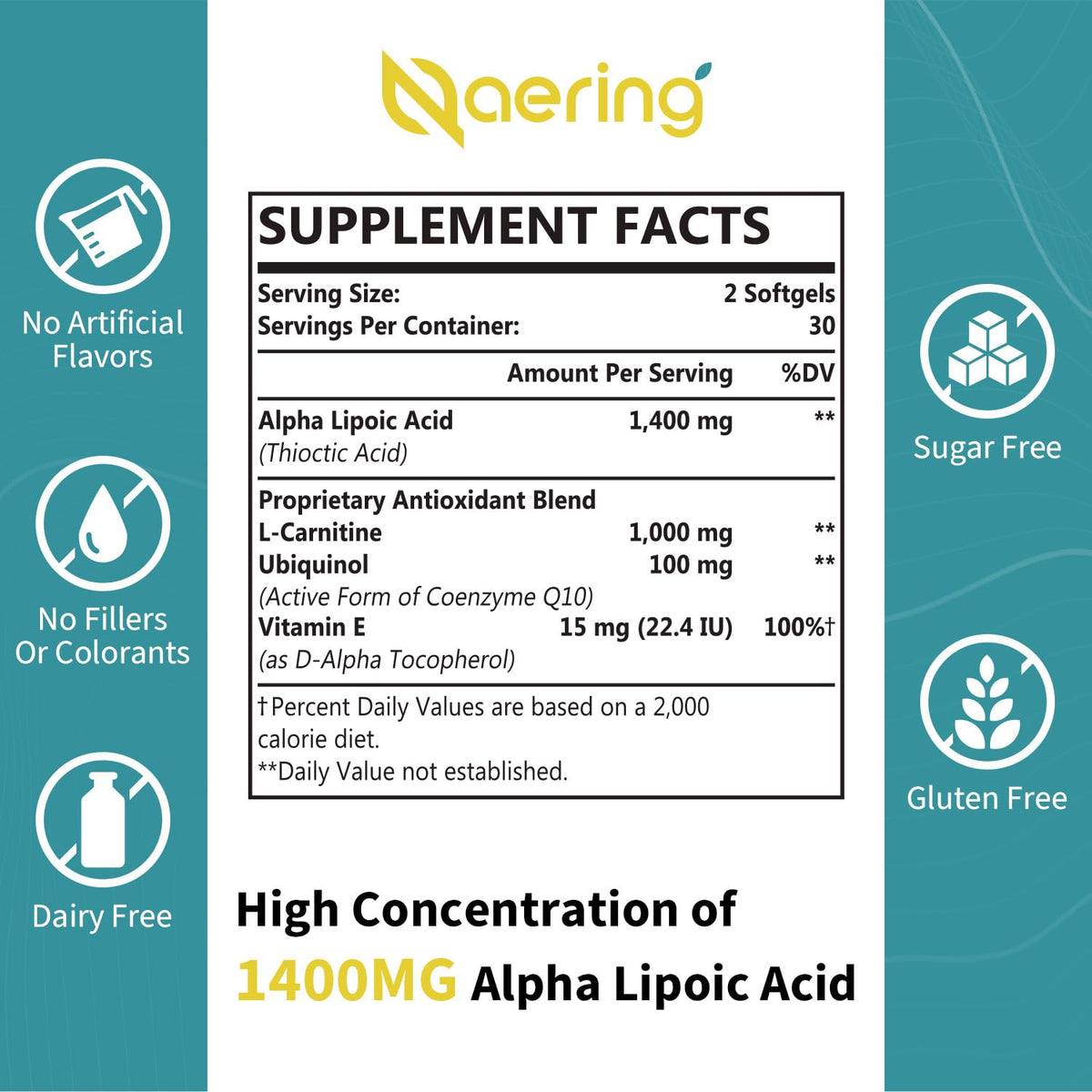 Emballage de Naering Acide Alpha-Lipoïque 1400mg
