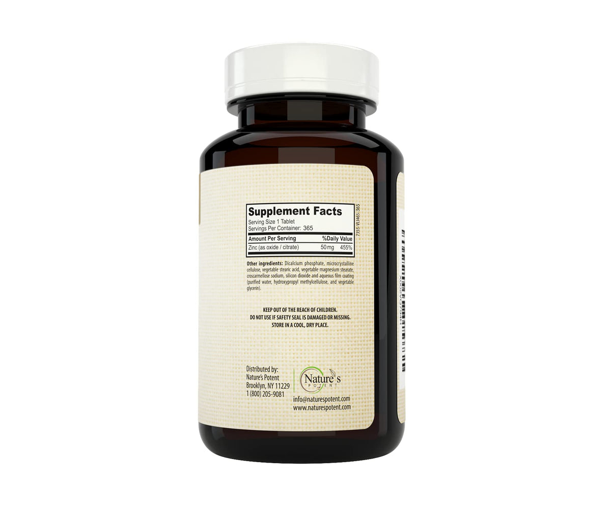 Emballage de Nature's Potent Zinc 50 mg 365 tablettes
