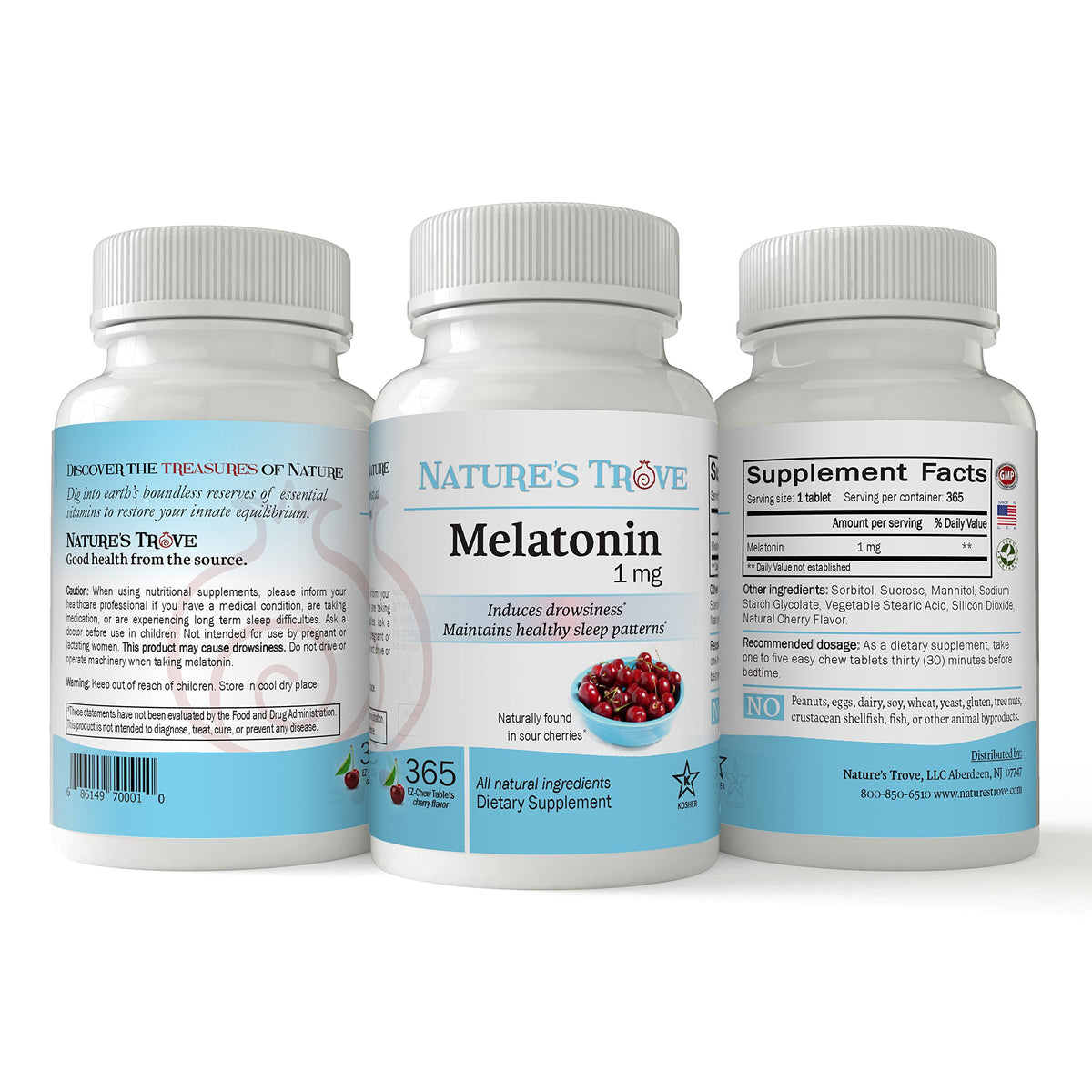Emballage de Nature's Trove Mélatonine 1mg comprimés à croquer cerise