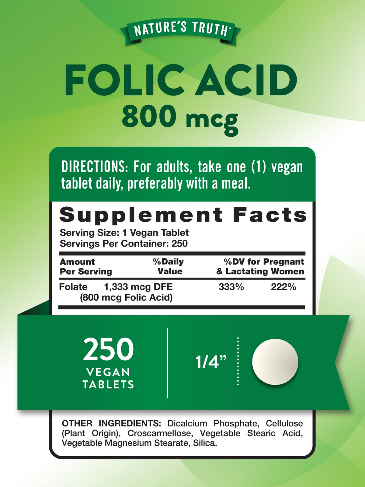 Emballage de Nature's Truth Acide Folique 800 mcg 250 comprimés